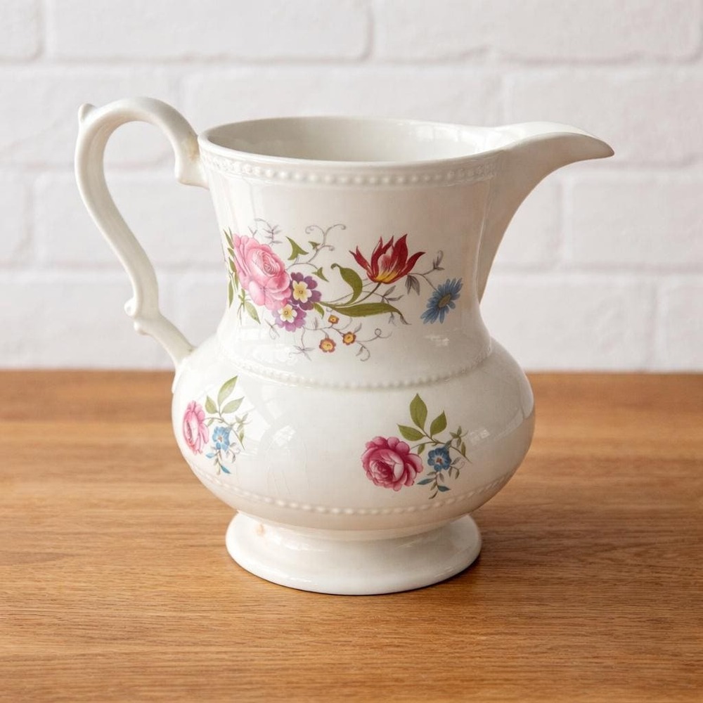 Cream Floral Ceramic Pitcher Vase - Decorative Home Accent